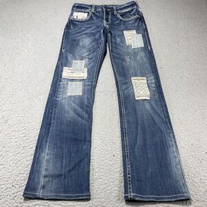 Cowgirl Tuff Co Jeans Womens 26 Blue Flag Patchwork Bootcut Distressed 30x31.5